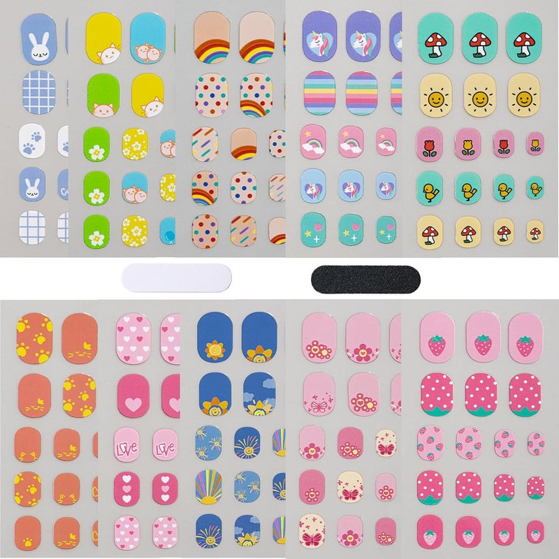 IHUKEIT Colorful Kid Nail Stickers Full Nail Wraps for Kids Girls Self Adhesive Nail Strips for Nail Art Decoration Fun Including Rainbow Cat Rabbit Flower Strawberry Heart Sun for Age 8 and Older (10 Sheets) - Image 1